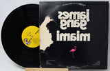 Vinyl record with matching black cover featuring white text and a pink flamingo on a gray background