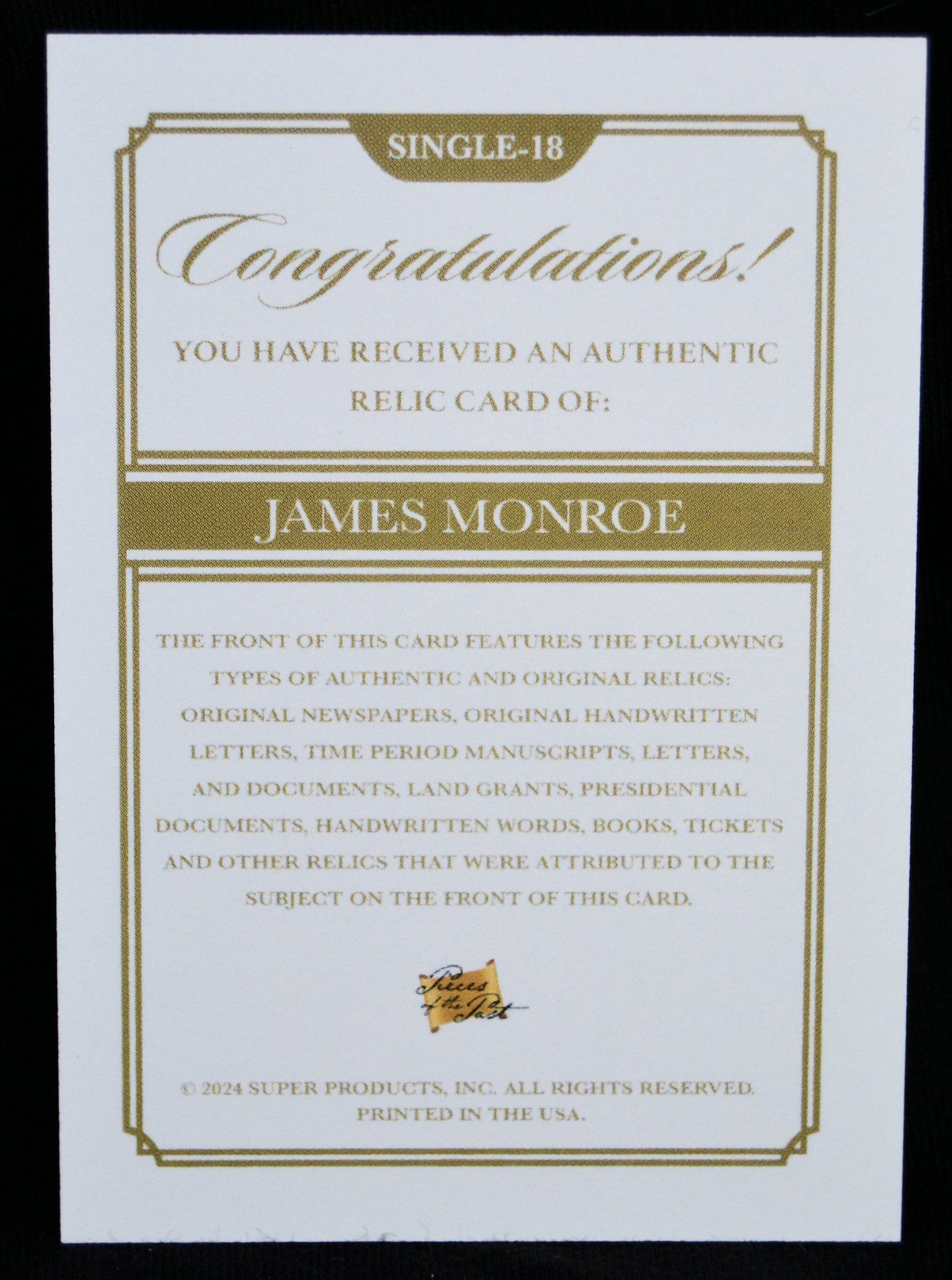 Back of James Monroe relic card describing authenticity and collectible details