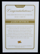 Back of James Monroe relic card describing authenticity and collectible details