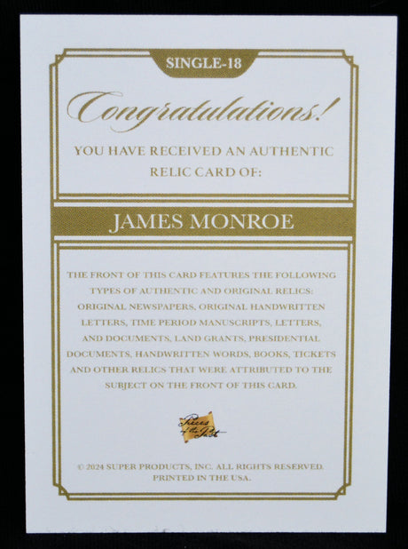 Back of James Monroe relic card describing authenticity and collectible details