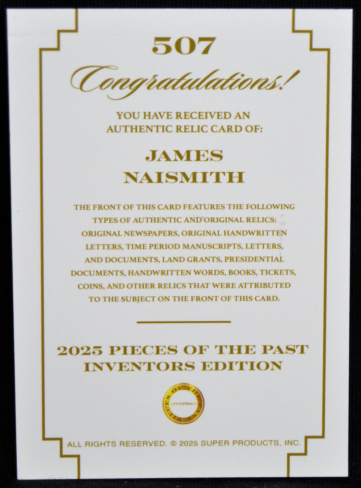 Certificate for James Naismith authentic relic card from 2025 Pieces of the Past Inventors Edition