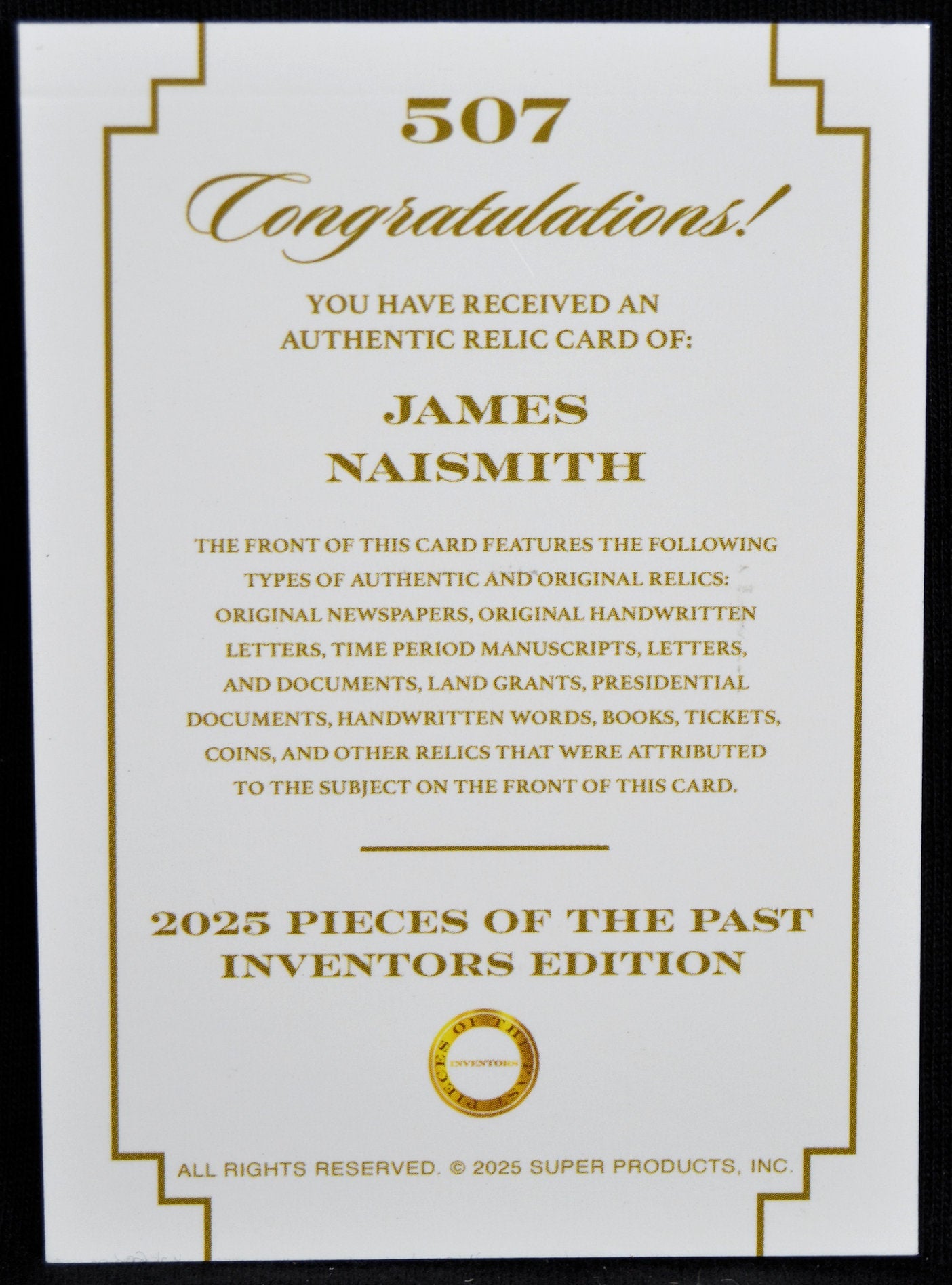 Certificate for James Naismith authentic relic card from 2025 Pieces of the Past Inventors Edition