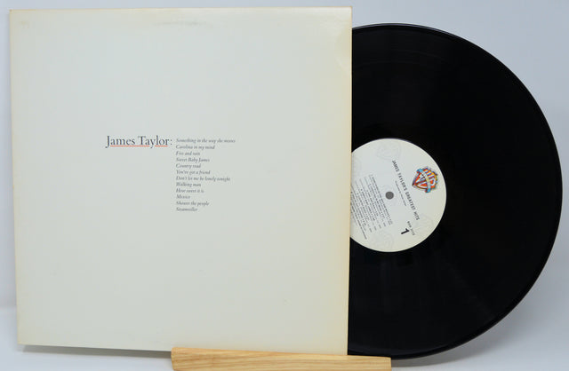 Vinyl record with a wooden holder and white cover displaying 'James Taylor' on a light gray background
