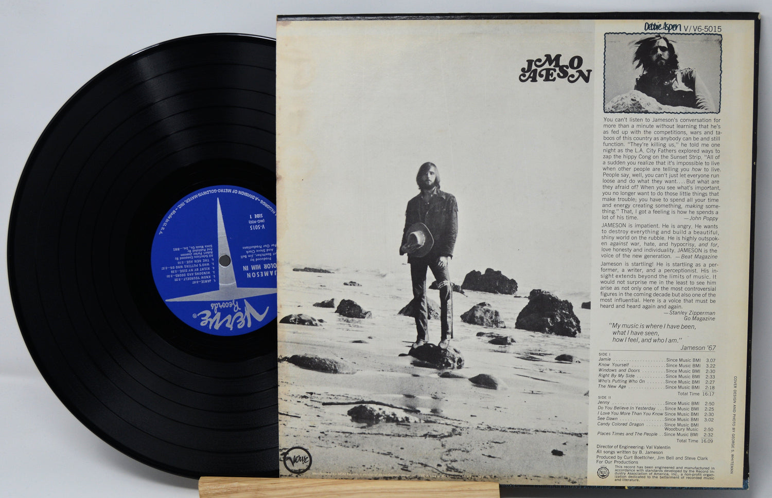 Back cover and vinyl record of Jameson’s 'Color Him In' LP showing tracklist and artist bio