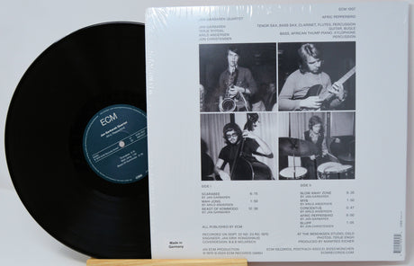 Back cover of Jan Garbarek Quartet Afric Pepperbird vinyl with personnel, tracklist, and black-and-white band photos