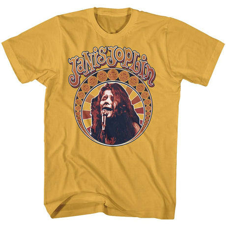 Yellow t-shirt with Janis Joplin graphic design on a white background