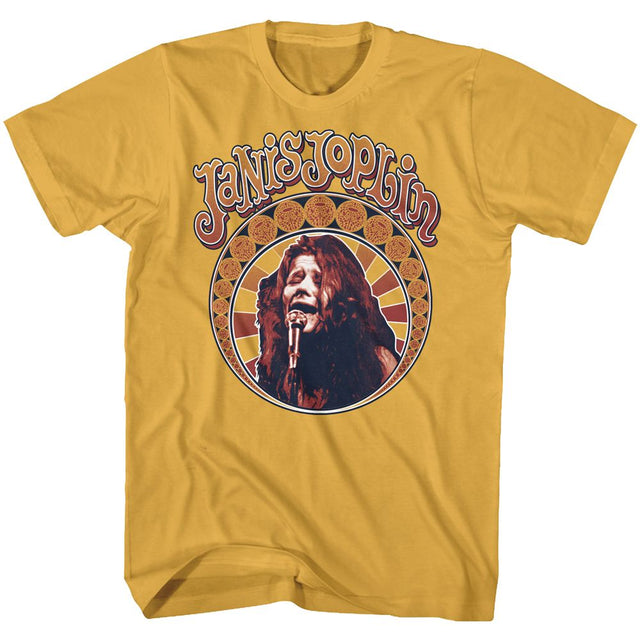 Yellow t-shirt with Janis Joplin graphic design on a white background