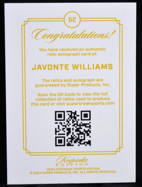 Certificate of authenticity for Javonte Williams relic autograph card from Keepsake Sports Edition