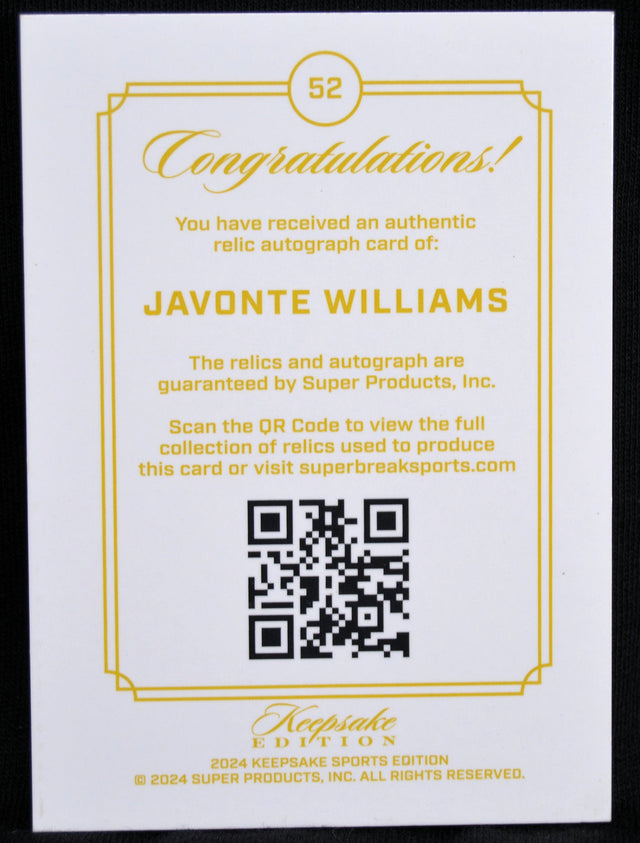 Certificate of authenticity for Javonte Williams relic autograph card from Keepsake Sports Edition