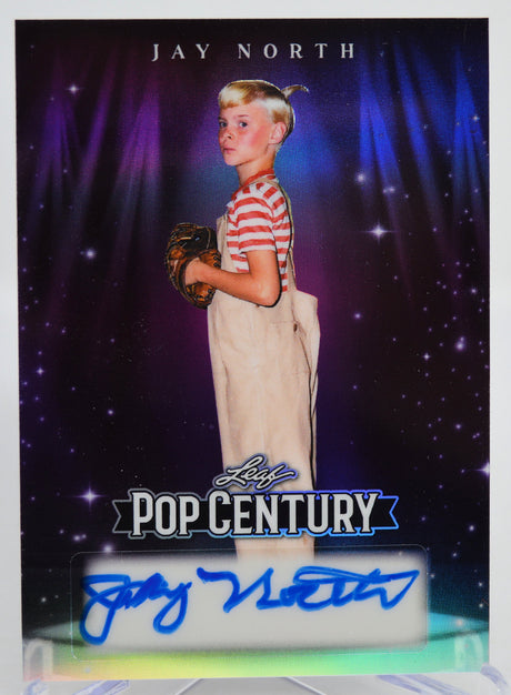 Trading card of a young boy in a baseball uniform with 'Jay North' at the top, 'Leaf Pop Century' branding, and a signature at the bottom.