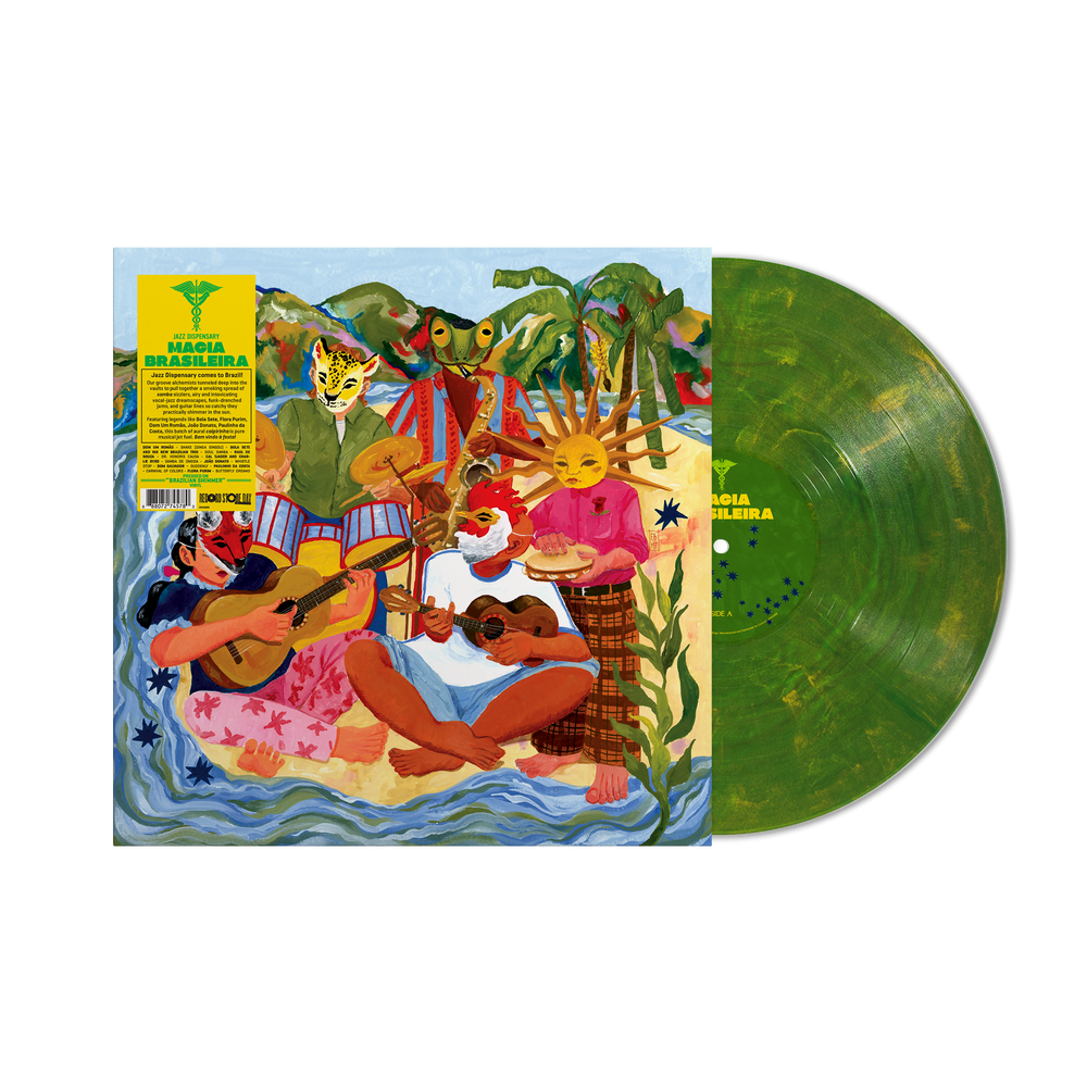 Vinyl record with colorful cover featuring people and animals, on a white background.