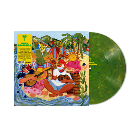 Vinyl record with colorful cover featuring people and animals, on a white background.