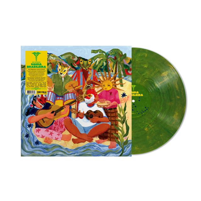 Vinyl record with colorful cover featuring people and animals, on a white background.