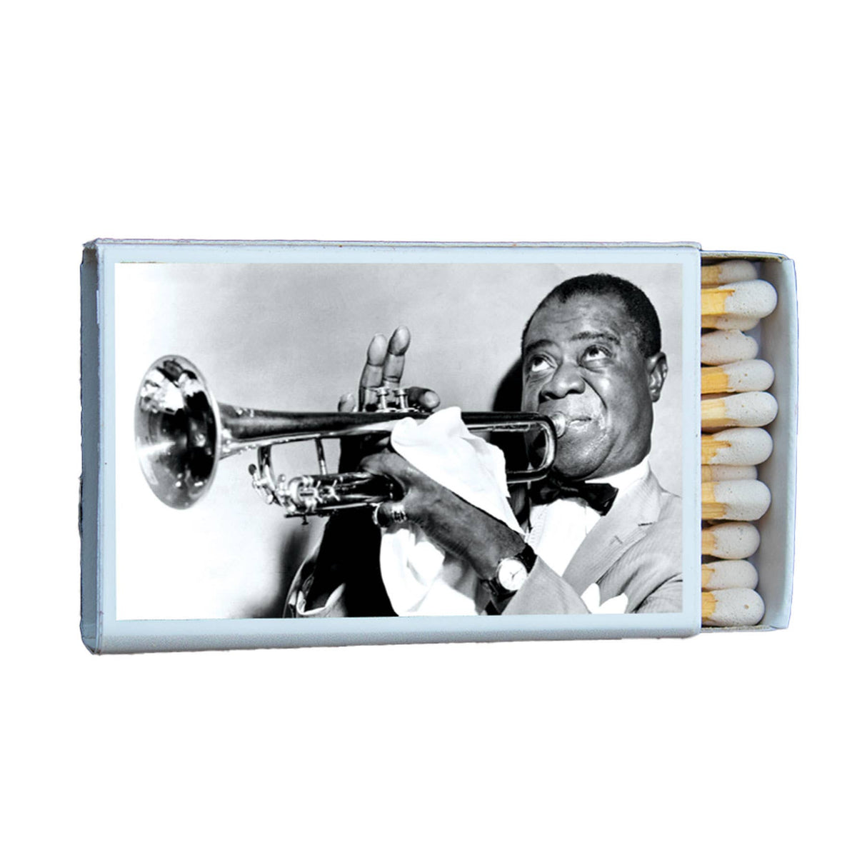 Vintage matchbox featuring a black and white photo of a trumpet musician