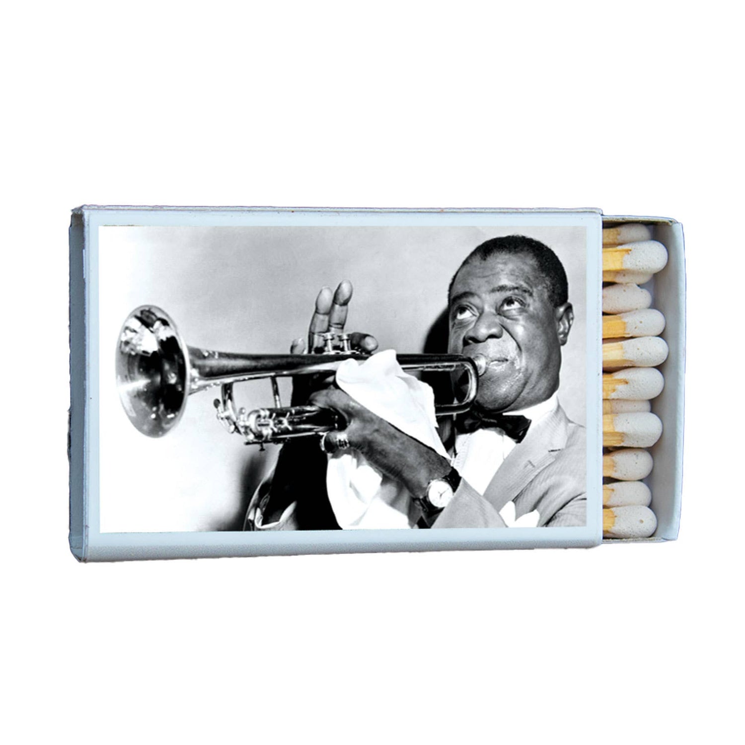 Vintage matchbox featuring a black and white photo of a trumpet musician