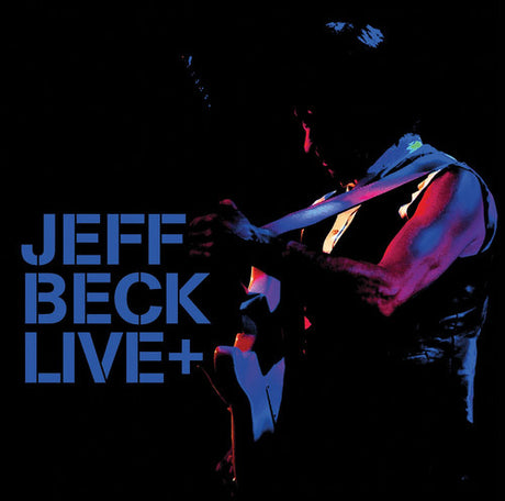 Album cover for 'Jeff Beck Live+' with a silhouette of a person playing guitar.