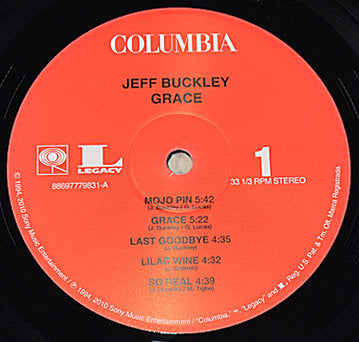 Closeup of Jeff Buckley Grace vinyl record label with tracklist on Columbia Records