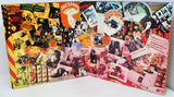 Collection of vinyl record covers with various album art and text on a white background