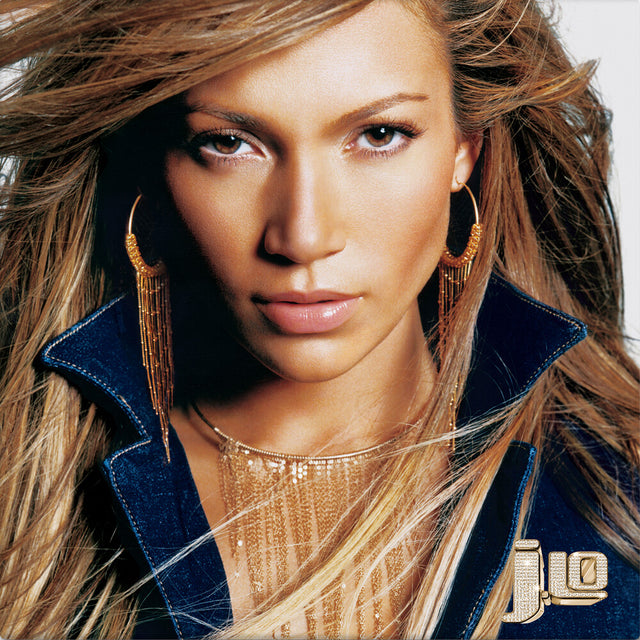 Vinyl record cover with a close-up of Jennifer Lopez with long hair wearing gold earrings and a blue jacket and the text J.Lo. for the title of the album.