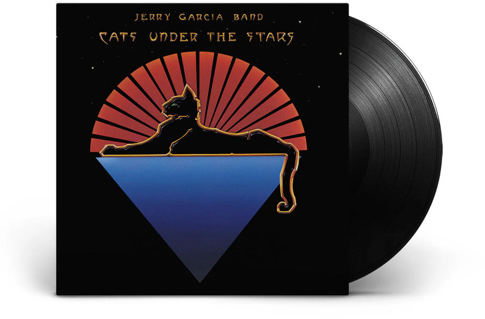 Vinyl record album cover for 'Cats Under the Stars' by the Jerry Garcia Band, with a partially visible black vinyl record behind the square cover.