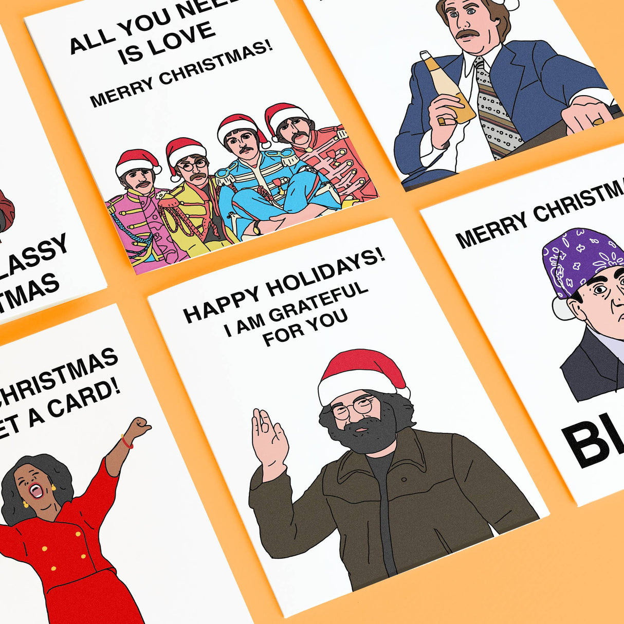 Collection of Christmas cards with illustrated characters and humorous text on a yellow background.