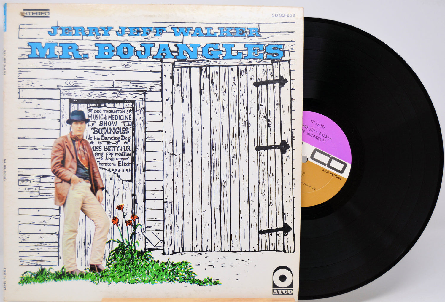 Vinyl record with cover featuring a man and text 'Jerry Jeff Walker Mr. Bojangles' on a white background