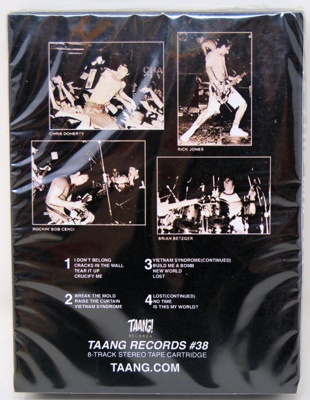 Back cover of Jerry's Kids 'Is This My World?' 8-track tape featuring live band photos and tracklist