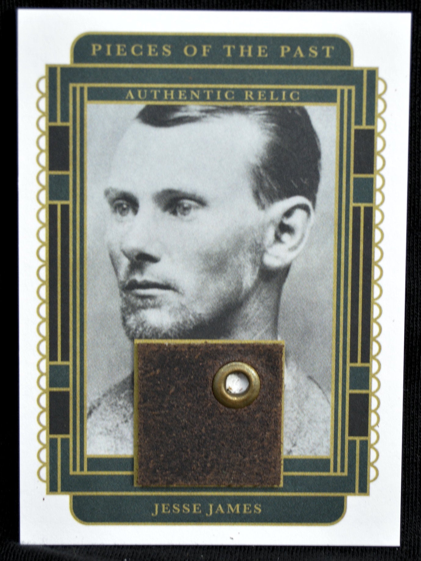 Jesse James relic trading card with authentic artifact embedded and vintage portrait
