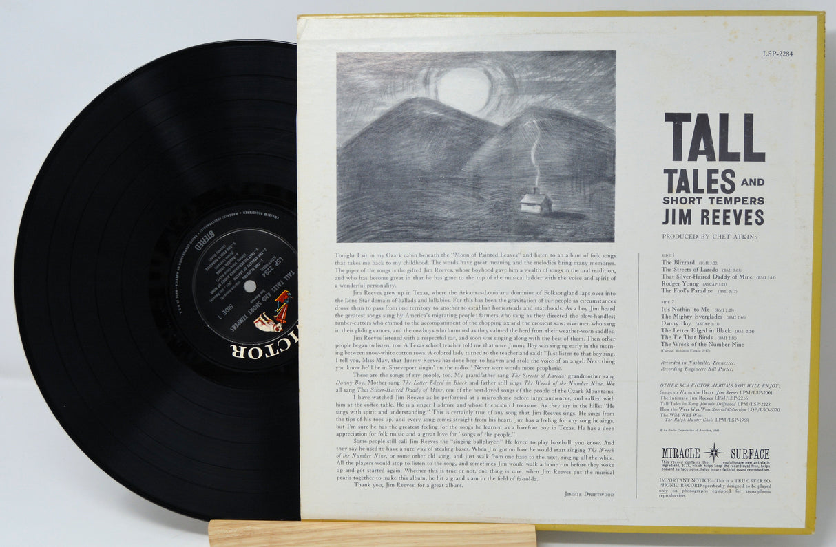 Back cover and vinyl record of Jim Reeves' Tall Tales and Short Tempers LP, featuring album notes and tracklist