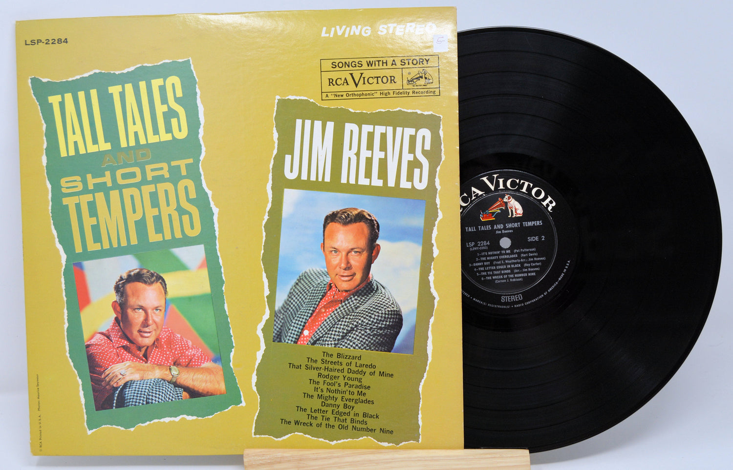 Front cover and vinyl record of Jim Reeves' Tall Tales and Short Tempers LP highlighting Jim Reeves' portrait and song list