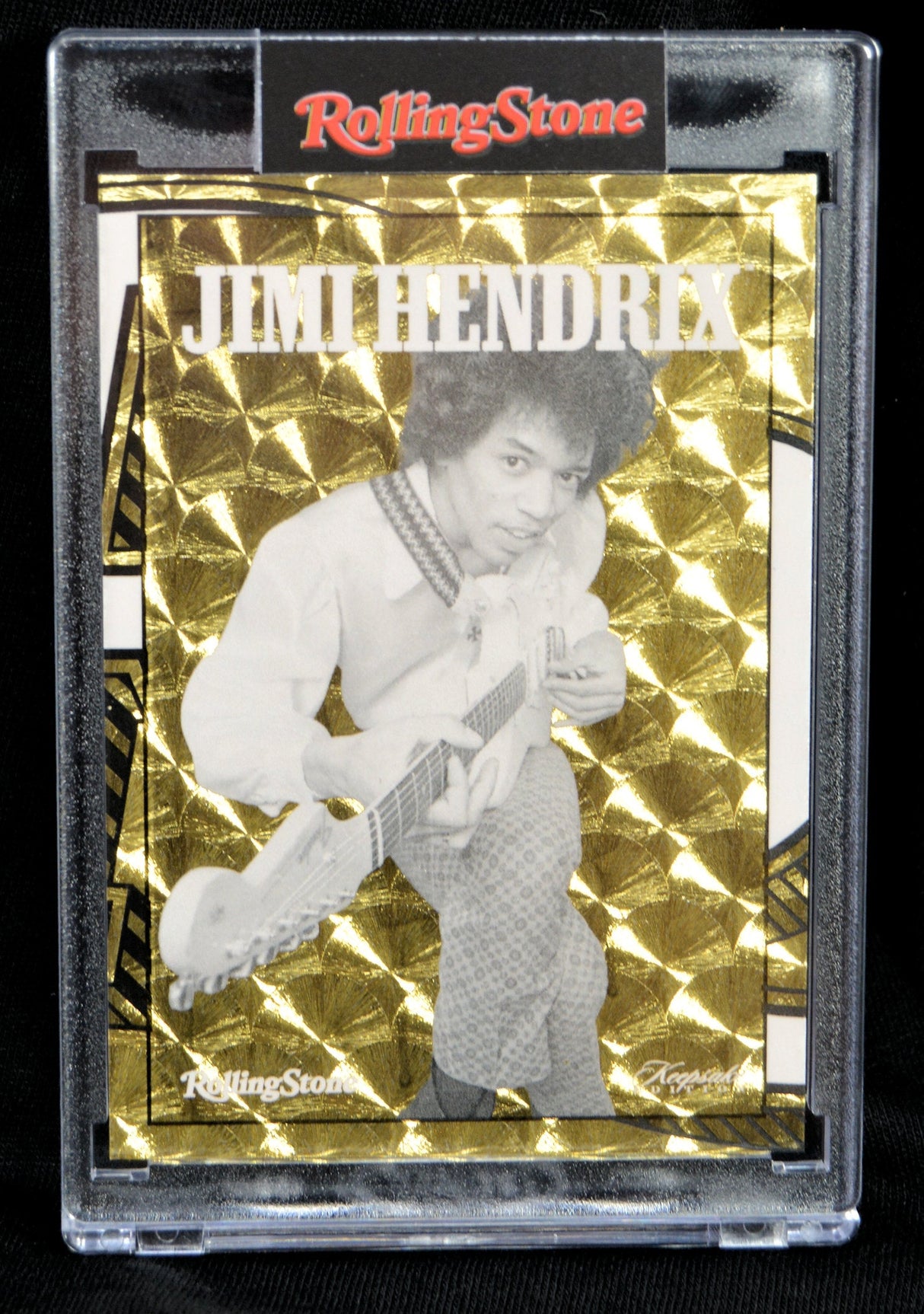 Front of the 2025 Rolling Stone Jimi Hendrix Keepsake card featuring Jimi Hendrix and gold foil accents