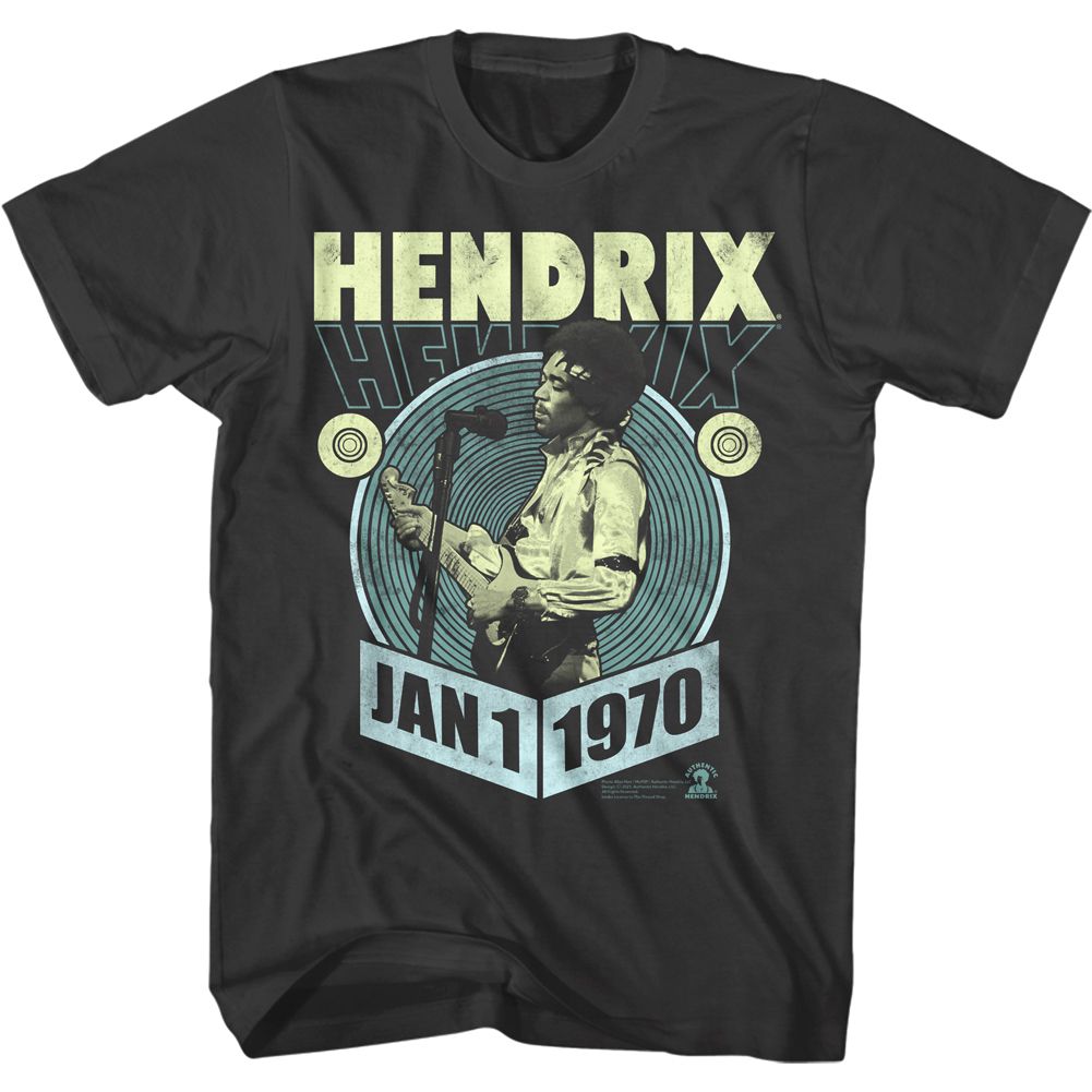 Black t-shirt with a graphic of a musician holding a guitar and text 'Hendrix Hendrix Jan 1 1970' on a white background.