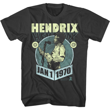 Black t-shirt with a graphic of a musician holding a guitar and text 'Hendrix Hendrix Jan 1 1970' on a white background.