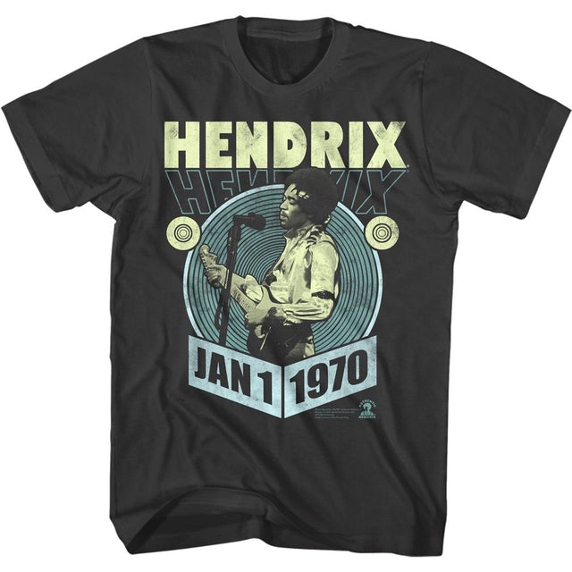 Black t-shirt with a graphic of a musician holding a guitar and text 'Hendrix Hendrix Jan 1 1970' on a white background.