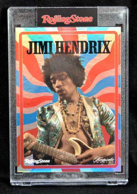Colorful Rolling Stone keepsake card featuring Jimi Hendrix with psychedelic background