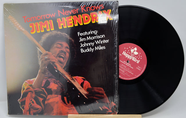 Vinyl record with cover featuring Jimi Hendrix and text on a white background