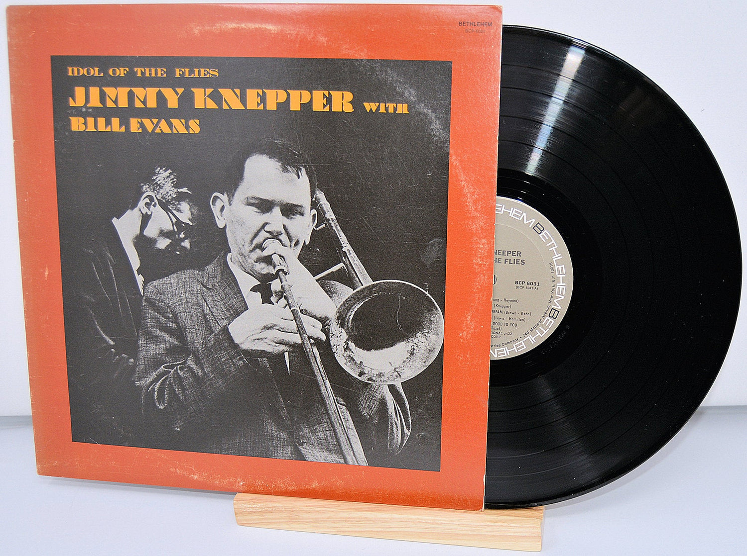 Front cover of Jimmy Knepper Idol of the Flies vinyl LP featuring a black and white photo of Jimmy Knepper