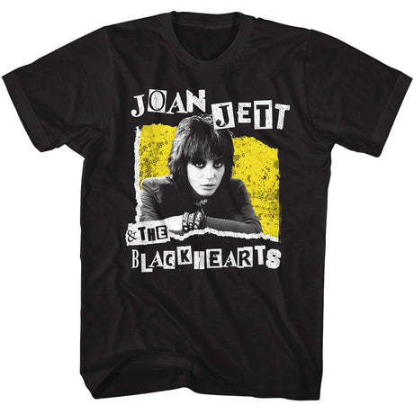 Black t-shirt featuring Joan Jett & The Blackhearts graphic with yellow background and retro distressed lettering