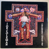 Infernal Machine album cover with Joe Coleman in a cross pose and bizarre symbolic art