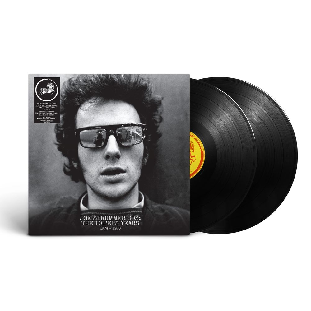 Joe Strummer 'The 101'ers Years' 2LP vinyl record album, showing the black-and-white cover art sleeve with a black vinyl record partially pulled out, on a white background.
