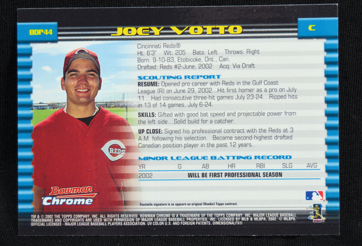 Back of Joey Votto 2002 Bowman Chrome rookie baseball card with stats and scouting report