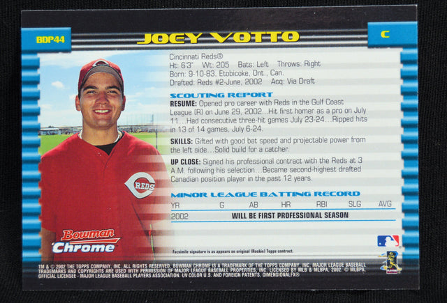 Back of Joey Votto 2002 Bowman Chrome rookie baseball card with stats and scouting report