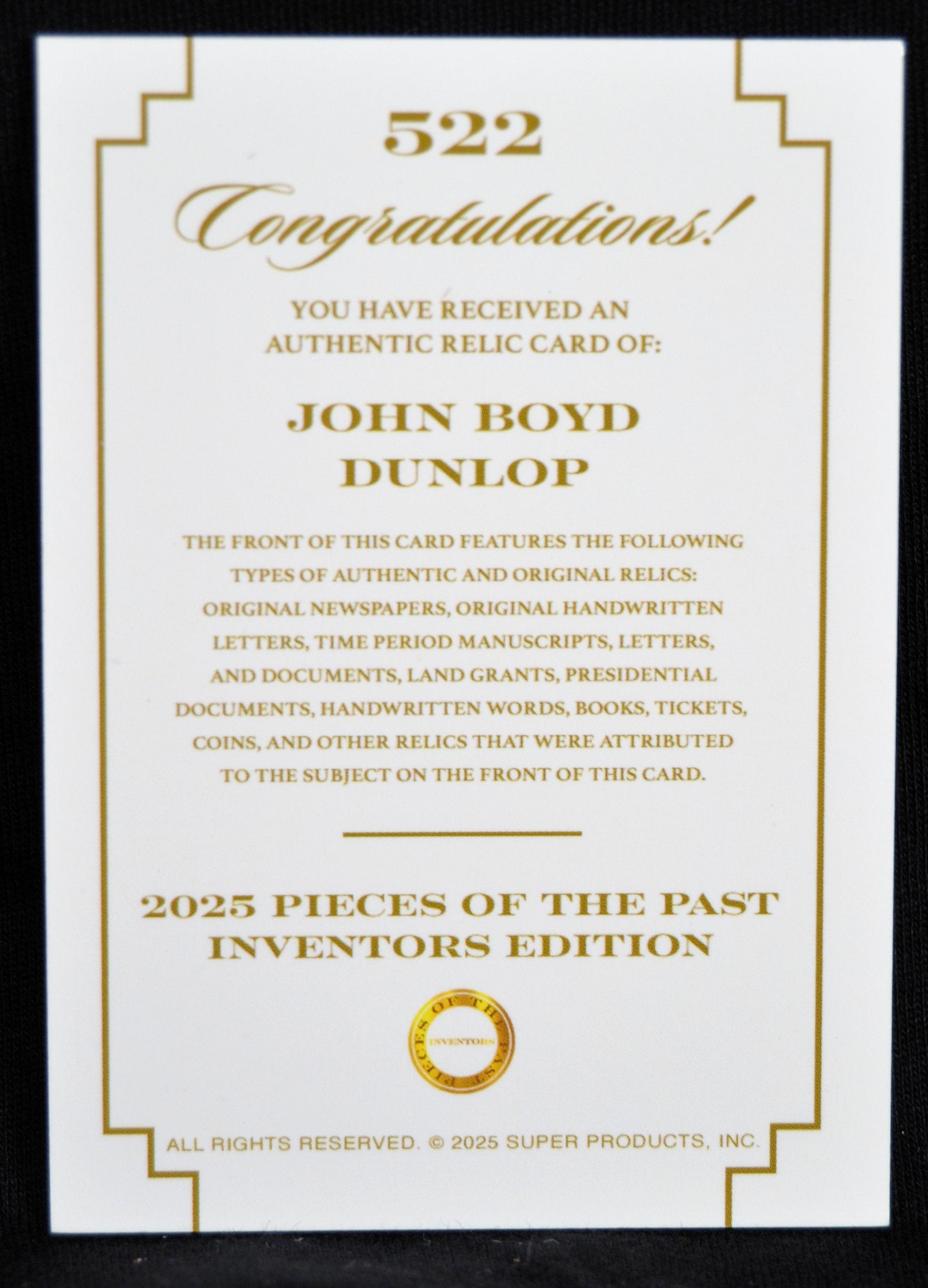 Certificate card for authentic John Boyd Dunlop relic, 2025 Pieces of the Past Inventors Edition