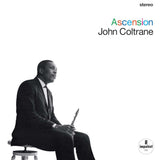 Album cover of 'Ascension' by John Coltrane with a black and white photo of the musician holding a saxophone.