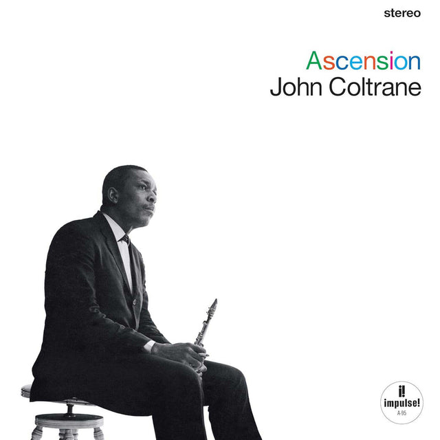 Album cover of 'Ascension' by John Coltrane with a black and white photo of the musician holding a saxophone.