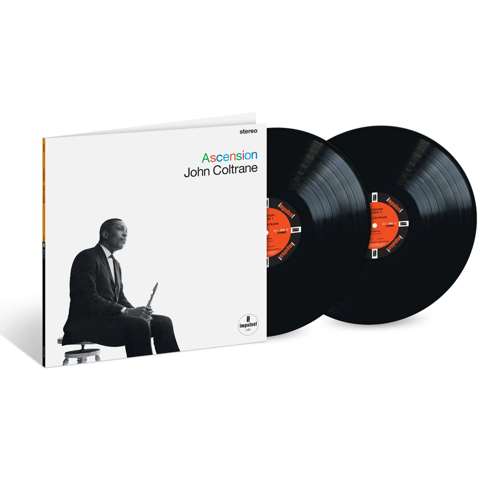 Vinyl record set with 'Ascension' by John Coltrane on a white background