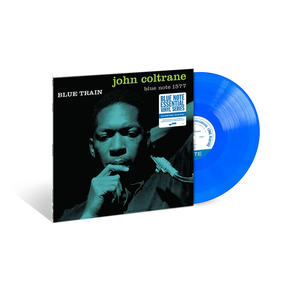 Blue Train vinyl record album by John Coltrane, shown with the black-and-teal album cover standing upright and a translucent blue vinyl record partially pulled out, on a light gray background.