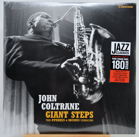 John Coltrane 'Giant Steps' vinyl record album cover, sealed in shrink wrap, with a black-and-white photo of the saxophonist, white title text, and a red/orange Jazz Classics 180g sticker.