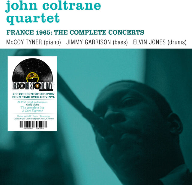 Album cover for John Coltrane Quartet's 'France 1965: The Complete Concerts' with a silhouette of a person and record label design.