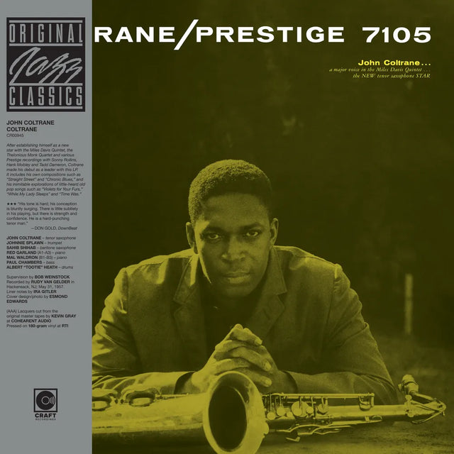 Album cover featuring John Coltrane with a saxophone, labeled 'Coltrrane Prestige 7105' and 'Original Jazz Classics'.